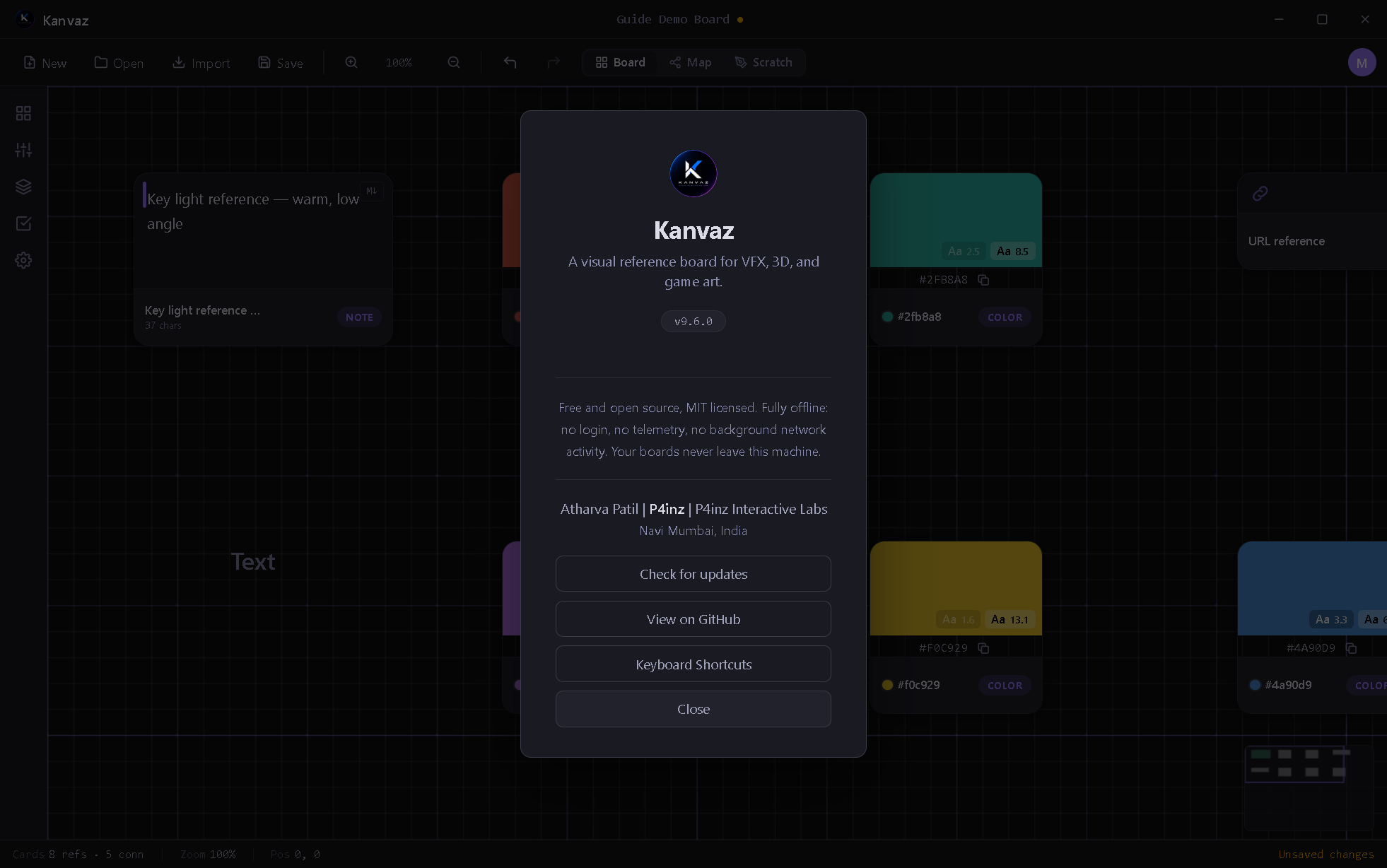 The About dialog — version, offline statement, and credits