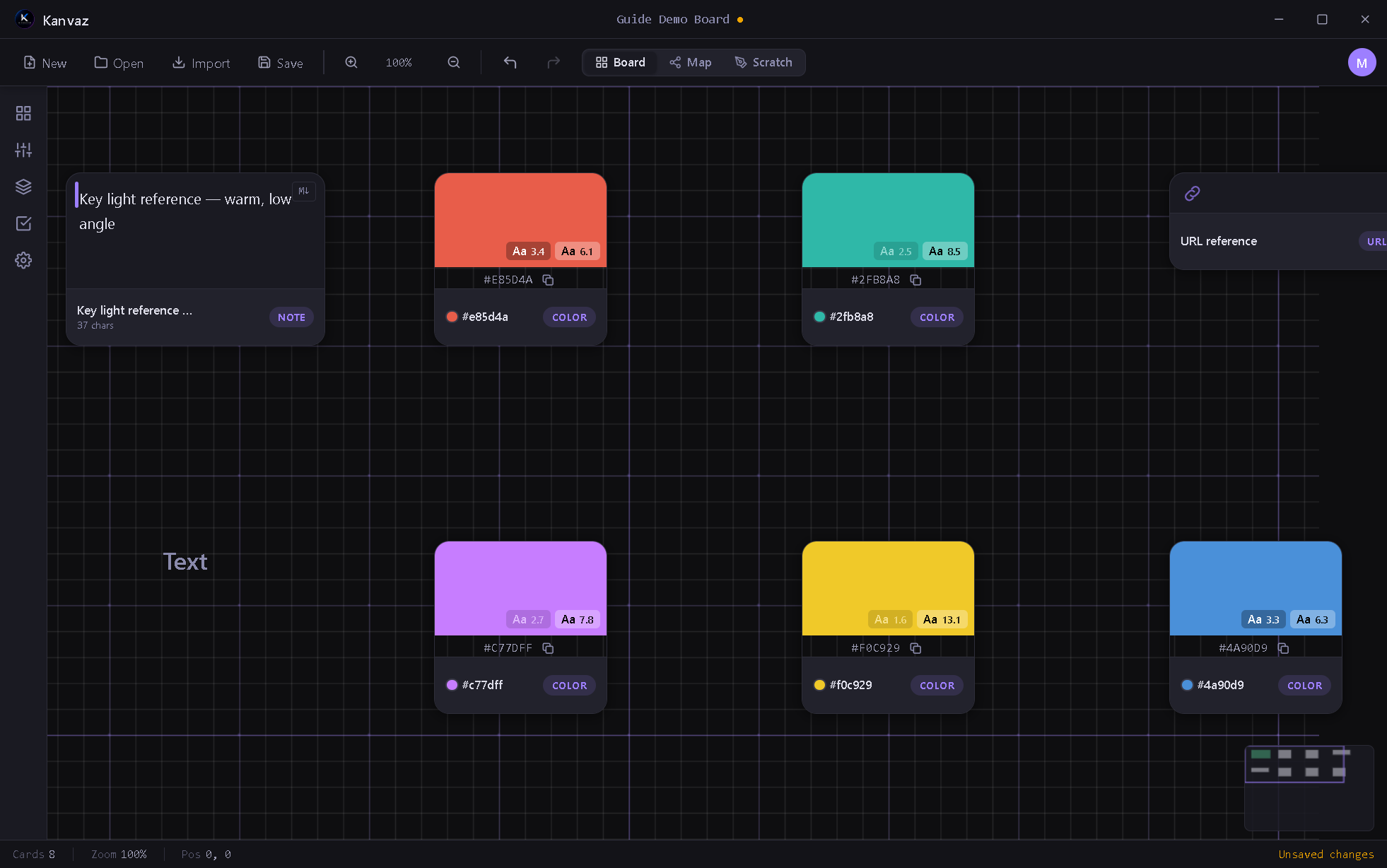 Board View with a few reference cards on a clean grid