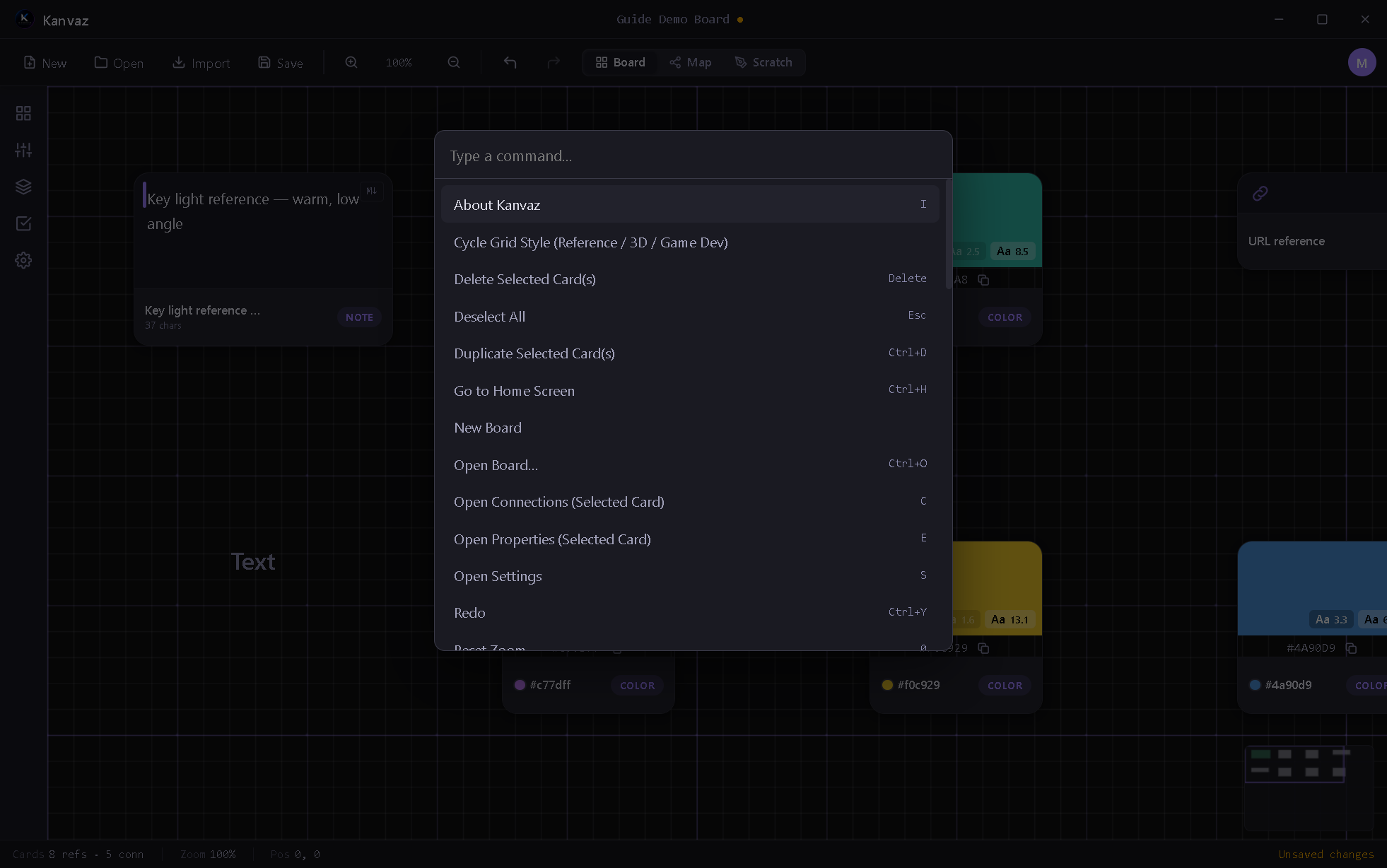 The Command Palette listing available actions with their shortcuts