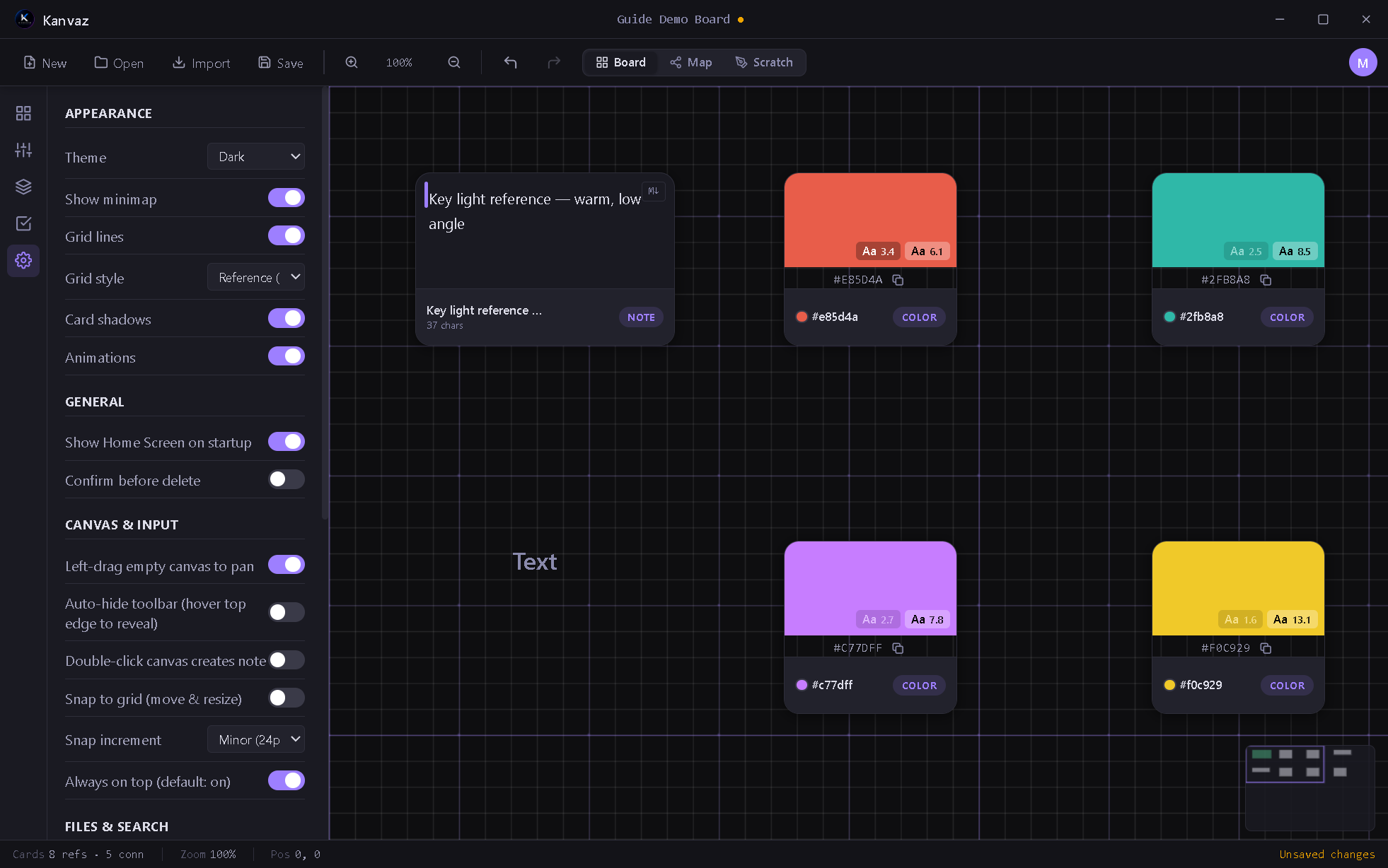 The Settings panel: Appearance and General sections