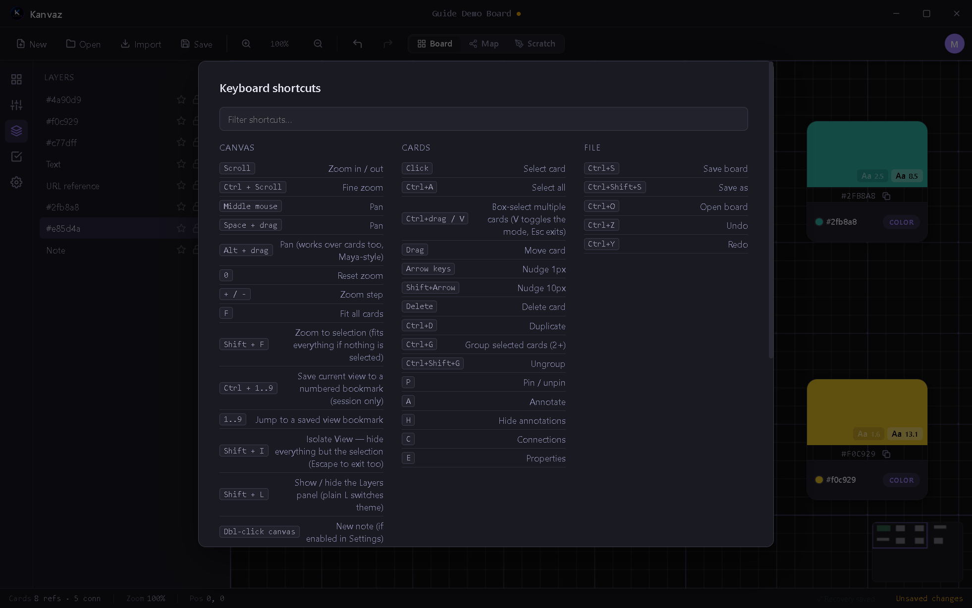 The in-app Keyboard Shortcuts reference